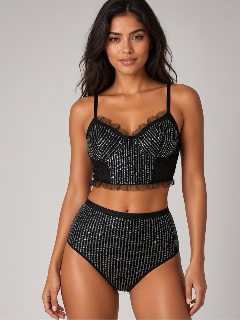 Wild Fable Black Sequin Lace Longline Bralette & High-Rise Hot Pants Set